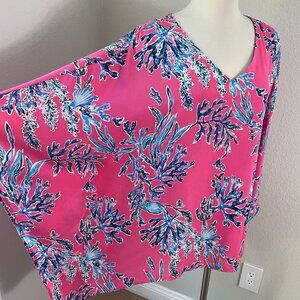 Belle Kim Gravel Womens Plus 1X Pink Aloha Poncho Tunic Top V Neck Seashells